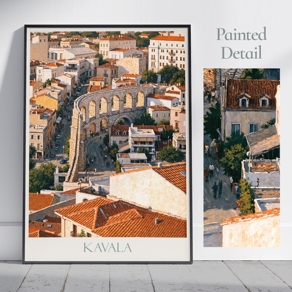 Kavala Greece Old Town Roman Aqueduct Terracotta Roofs Travel Poster