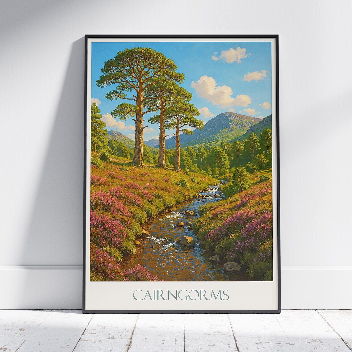 Cairngorms Pine Forest Mountain Stream Scotland Travel Poster