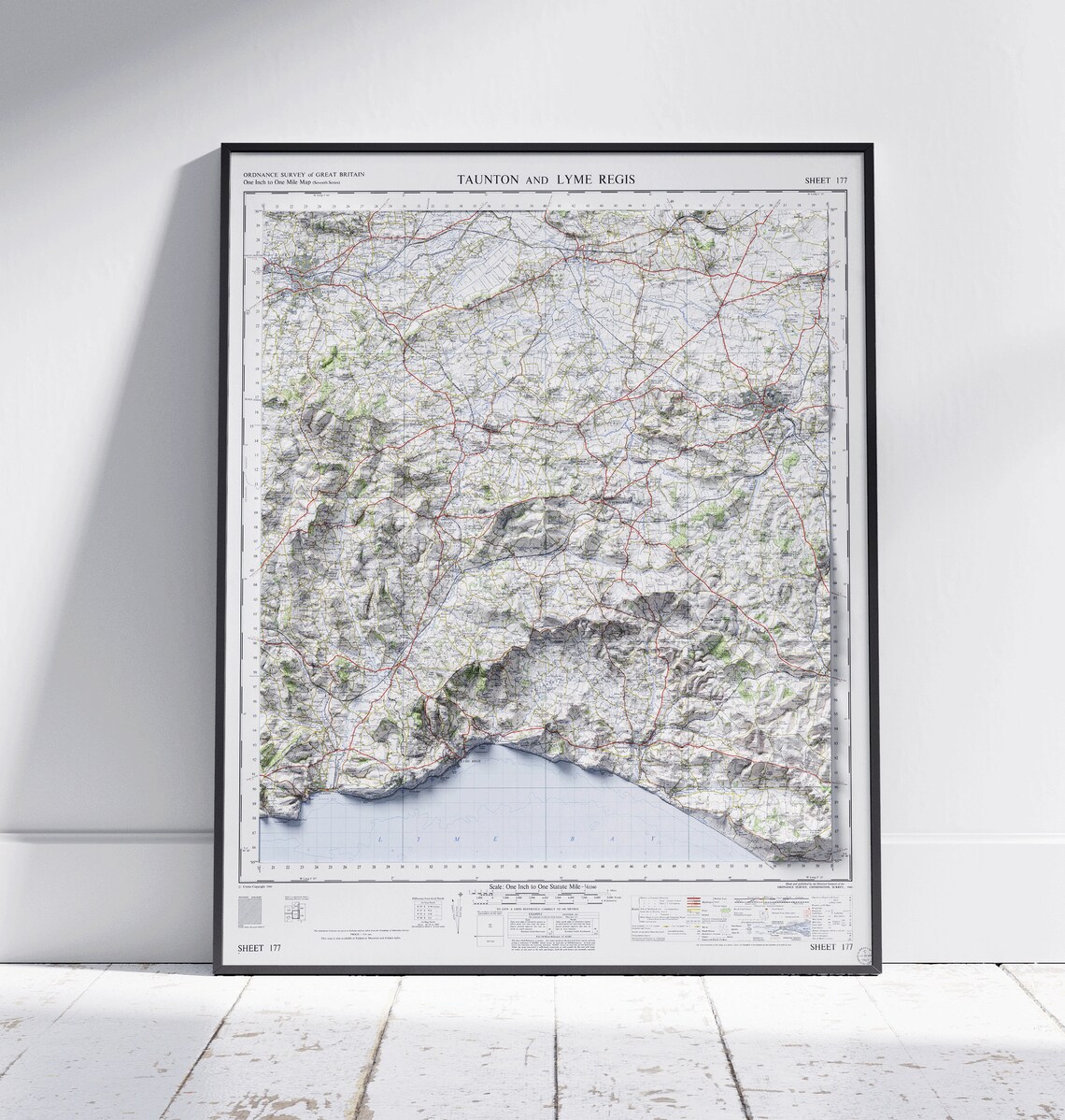 Taunton and Lyme Regis Ordnance Survey Vintage 3D Shaded Map Poster