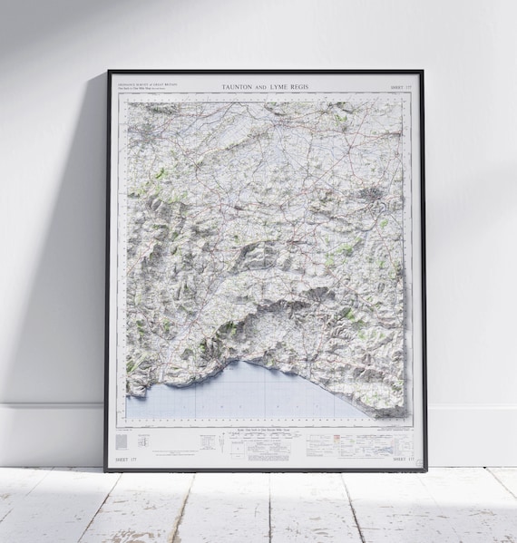 Taunton and Lyme Regis Ordnance Survey Vintage 3D Shaded Map Poster