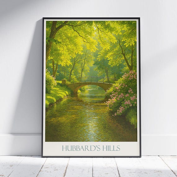 Hubbards Hills Travel Poster Serene Stream Bridge Vibrant Green Nature Wall Art Print Tranquil Landscape Decor Gift