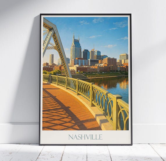 Nashville Travel Poster Tennessee Skyline Wall Art Print John Seigenthaler Bridge Cityscape Home Decor Vacation Gift