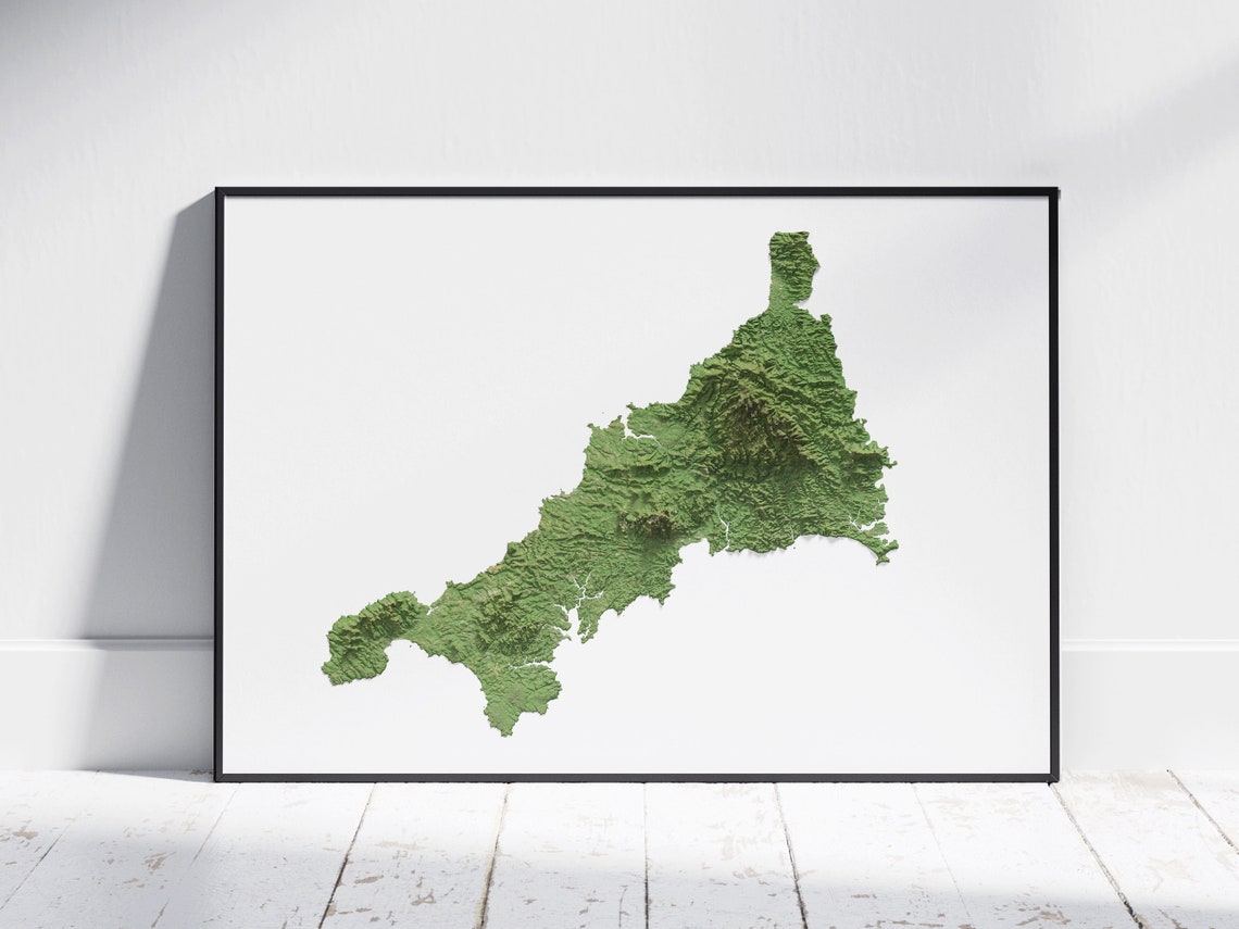 Cornwall England Flat 2D Shaded Relief Topographic Map Poster