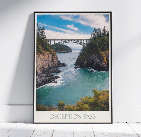Deception Pass Travel Print Washington Travel Poster Painted Wall Art Home Decor Framed Personalized Print Vacation Travel Gift