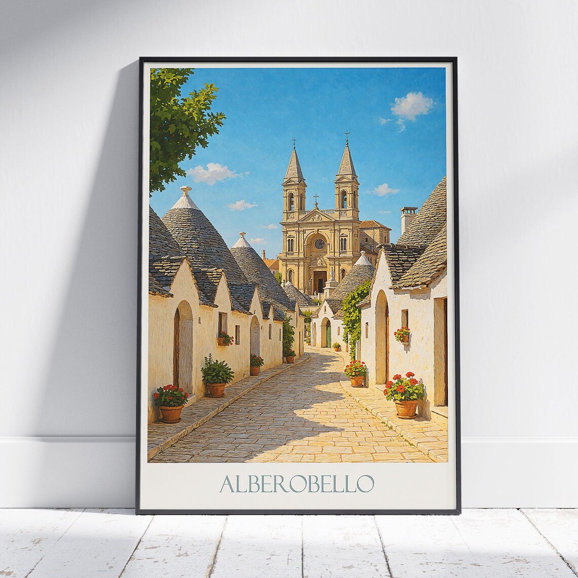 Alberobello Italy Trulli Houses Cobblestone Street Travel Art Poster