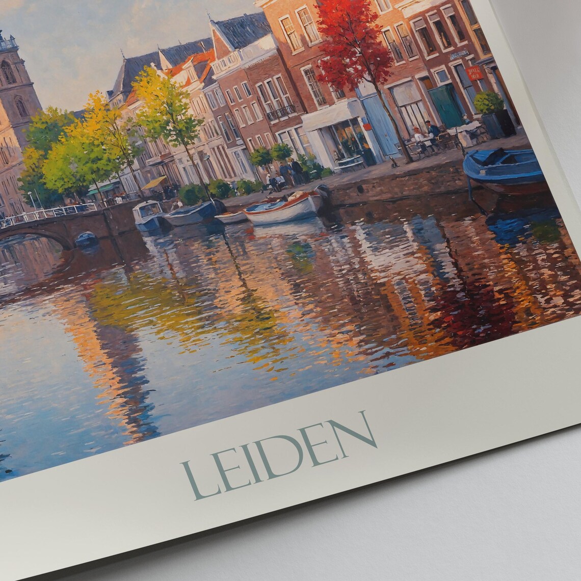 Leiden Netherlands Canal Painted Travel Poster Old Town Church Tower - Image 2