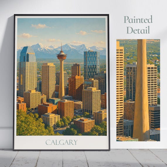 Calgary Travel Poster Canada City Skyline Art Print Alberta Painted Wall Mountain Landscape Home Decor Vacation Gift
