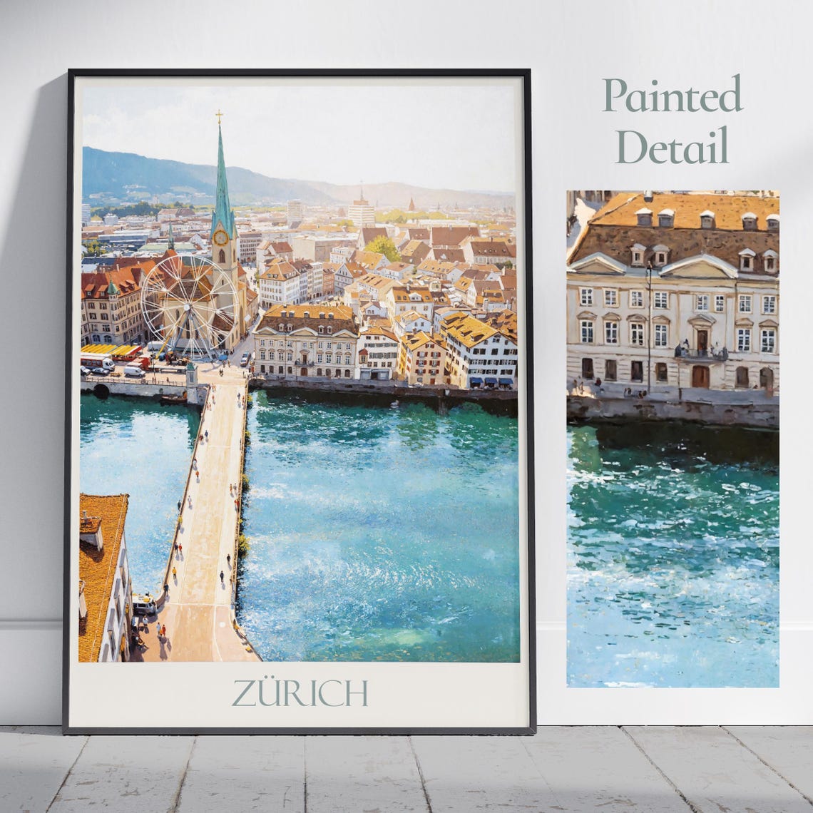 Zürich Switzerland Old Town Ferris Wheel Bridge Summer Painted Poster