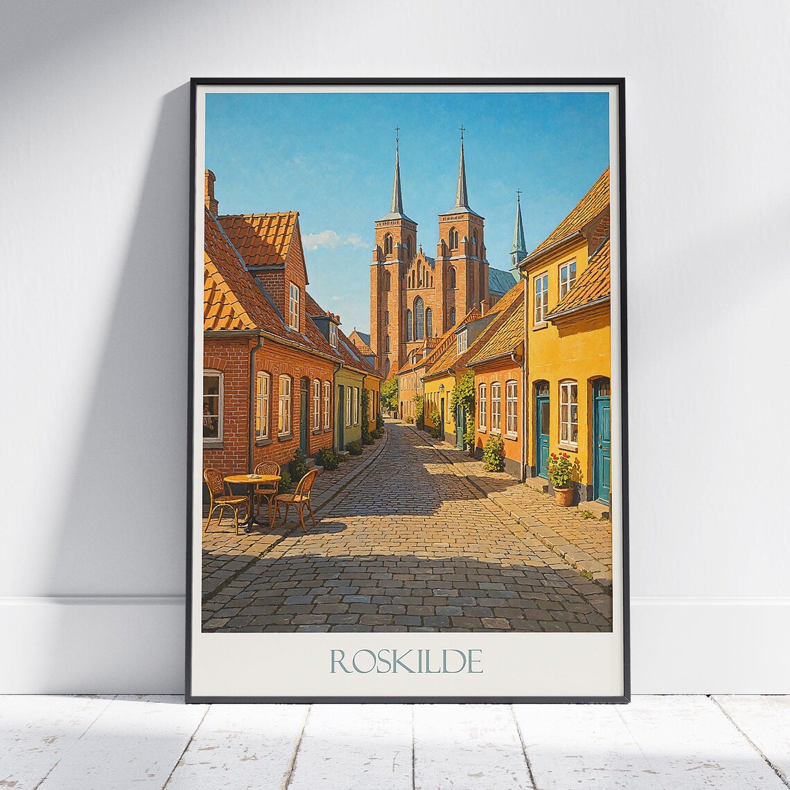 Roskilde Denmark Cathedral Cobblestone Street Vintage Travel Poster