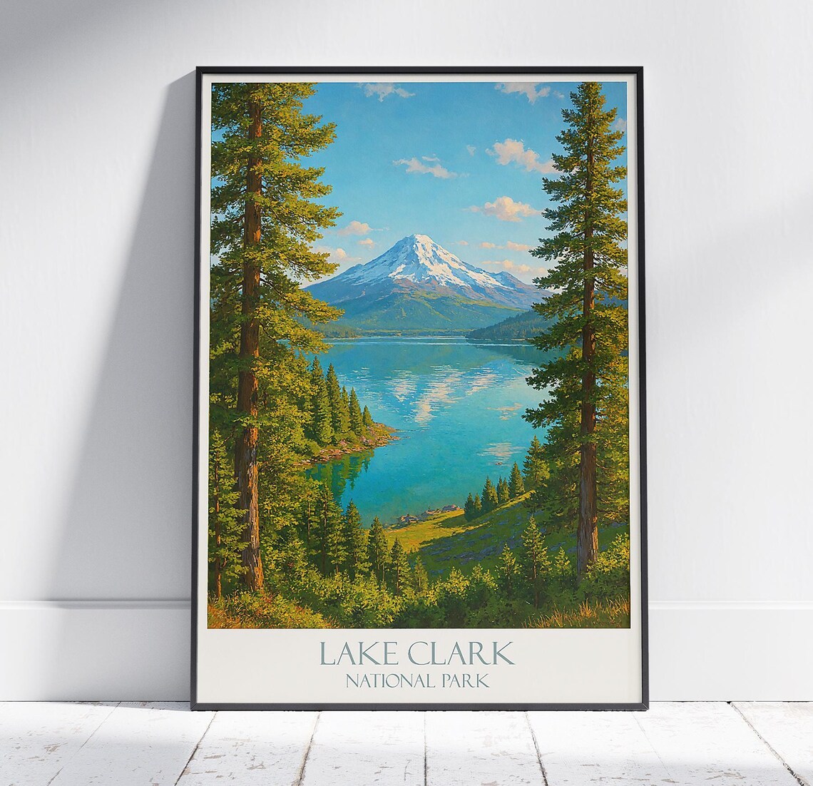 Lake Clark National Park Snowy Volcano Lake Pines Painted Poster