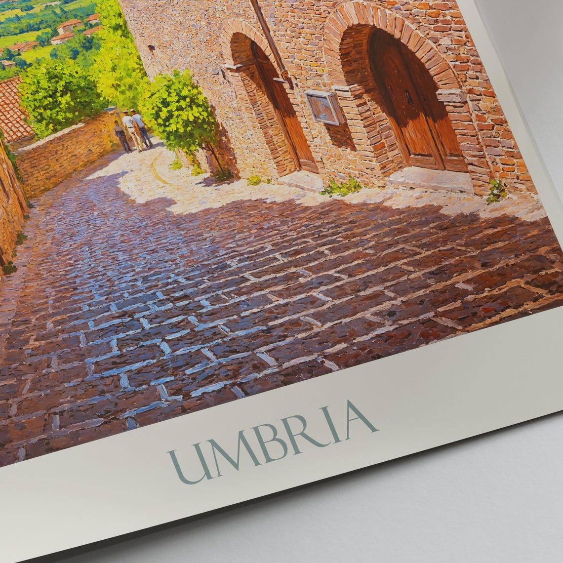 Umbria Italy Charming Hilltop Cobblestone Street Painted Art Poster - Image 3
