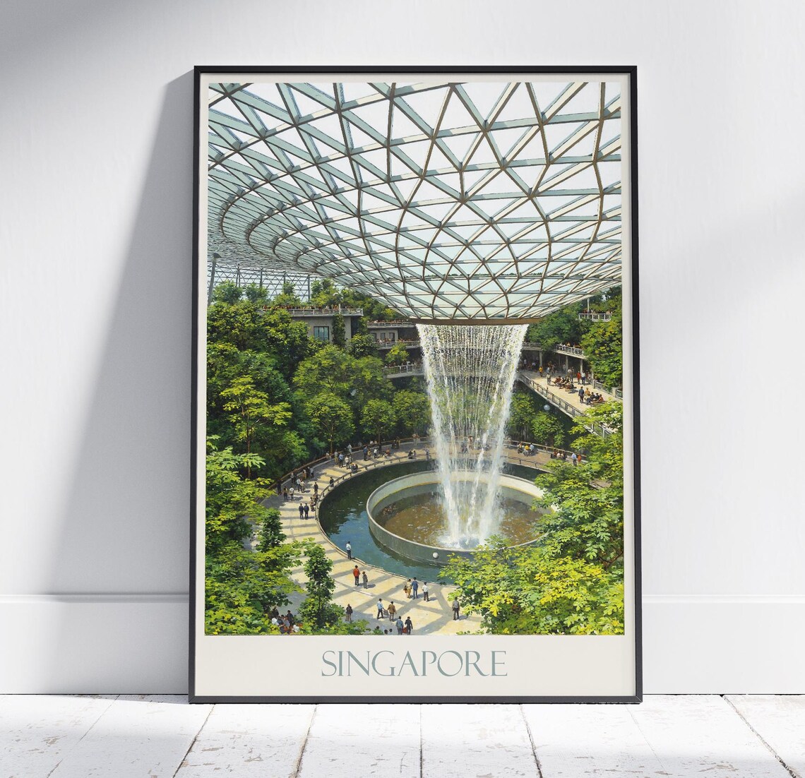 Singapore Changi Rain Vortex Glass Dome Waterfall Travel Poster