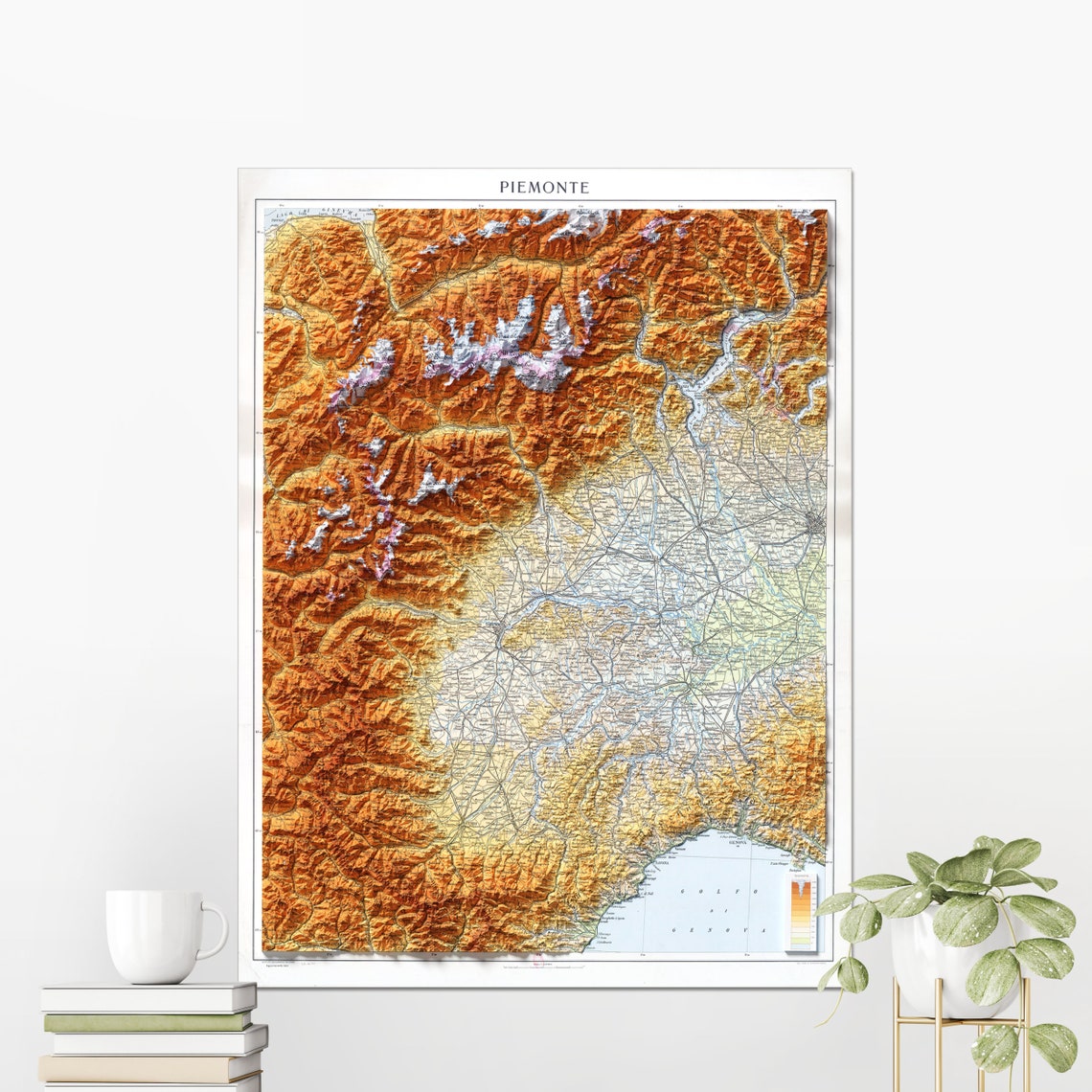 Piedmont Italy Vintage Map Poster Shaded Relief Mountain Terrain