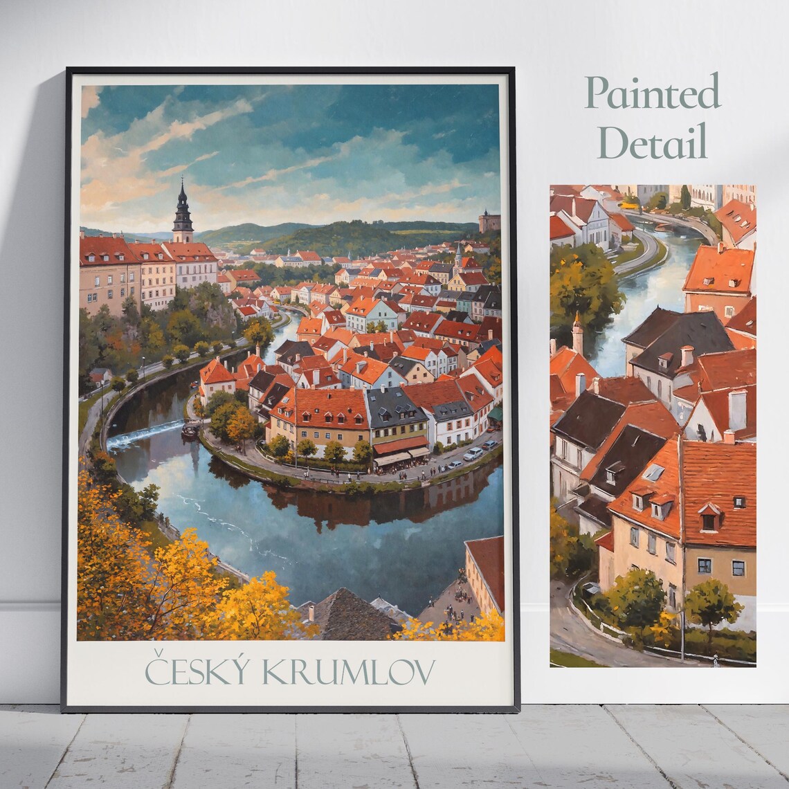 Cesky Krumlov Czechia Old Town River Bend Vintage Travel Poster