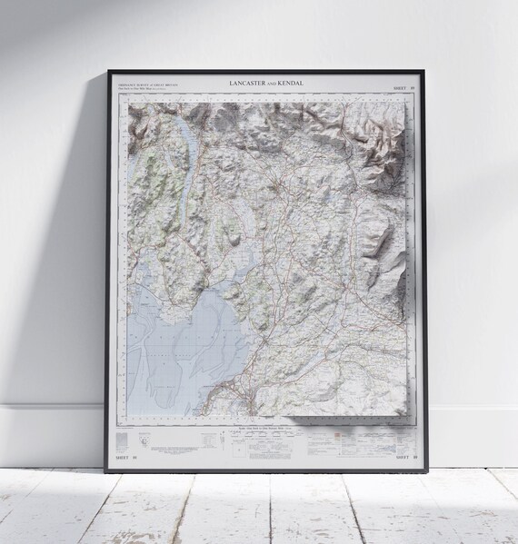Lancaster Kendal Flat 2d Shaded Map Vintage Style Print Poster Wall Art Decor