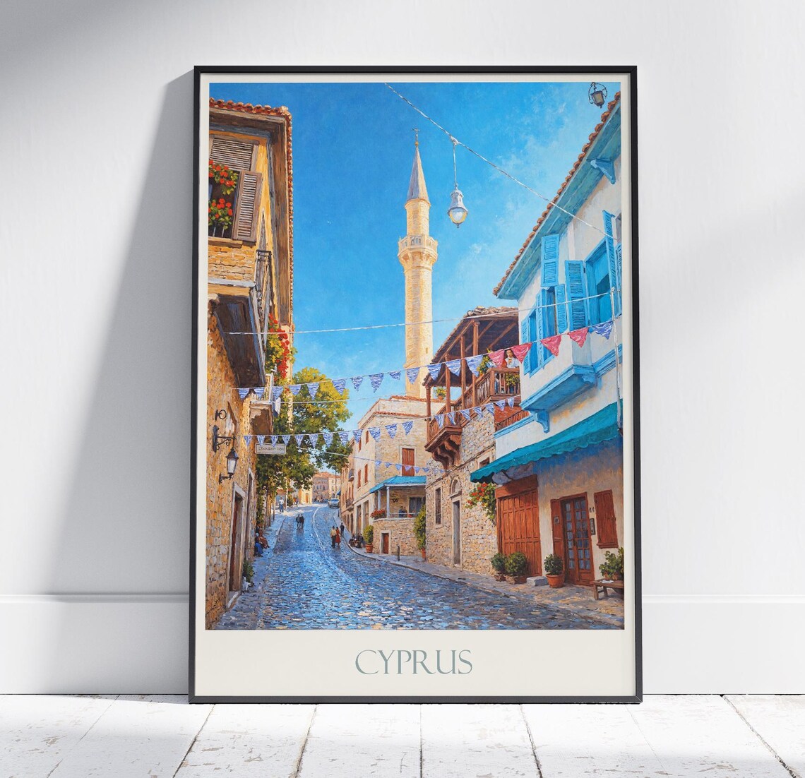 Cyprus Mediterranean Old Town Street and Minaret Travel Poster