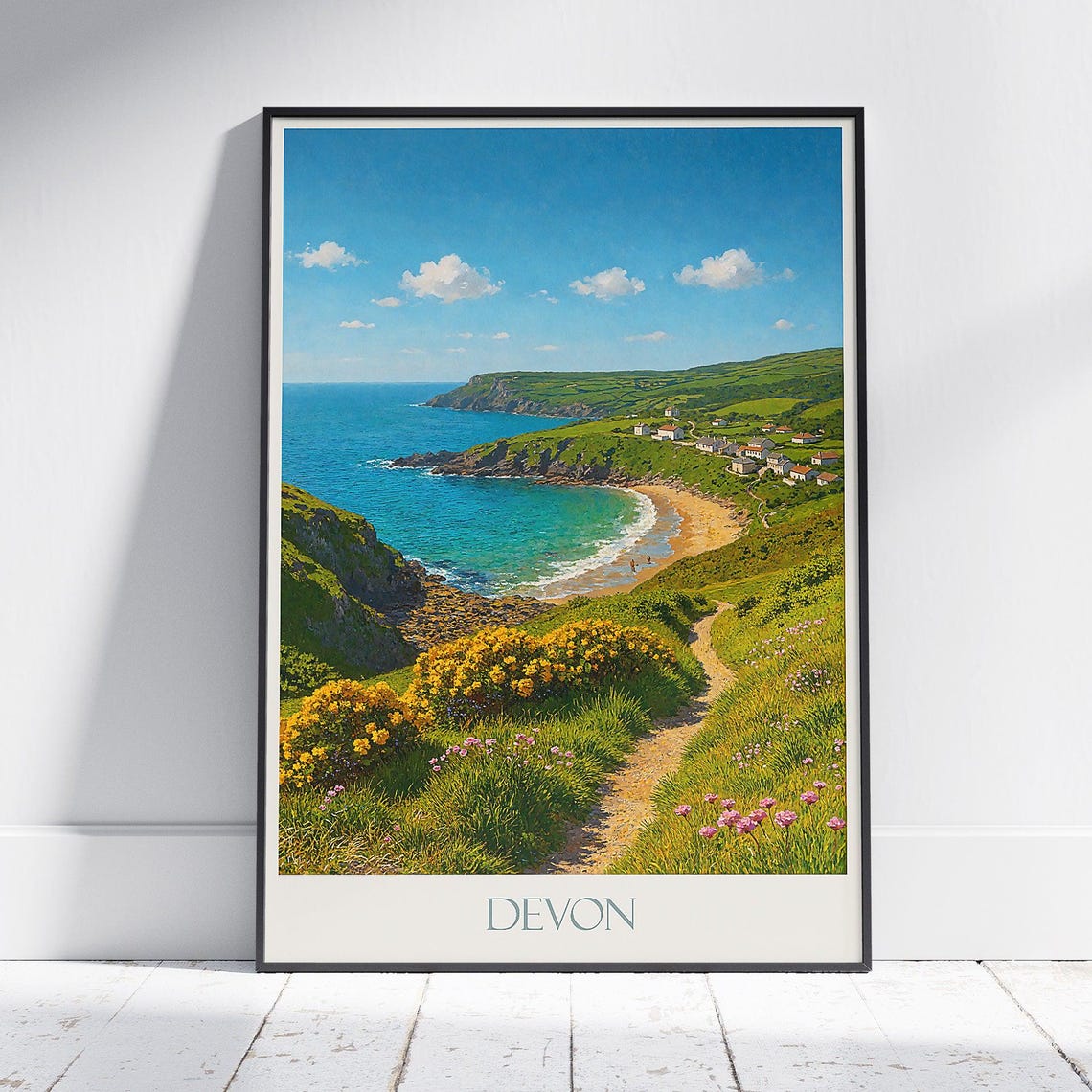 Devon England Coastal Cliff Path Poster Cove Beach Wildflowers Travel