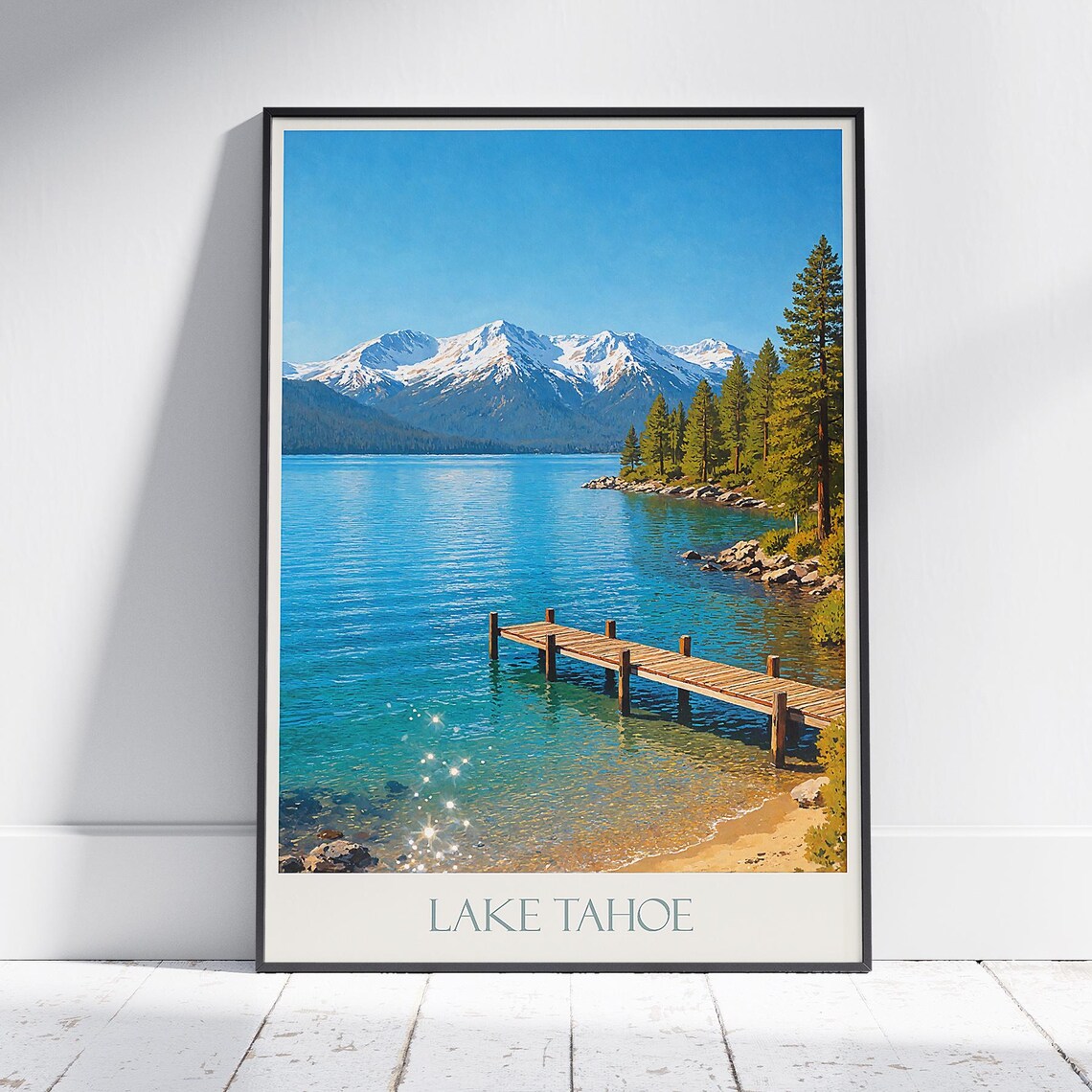 Lake Tahoe Wooden Pier Snowy Peaks Sparkling Water Travel Poster