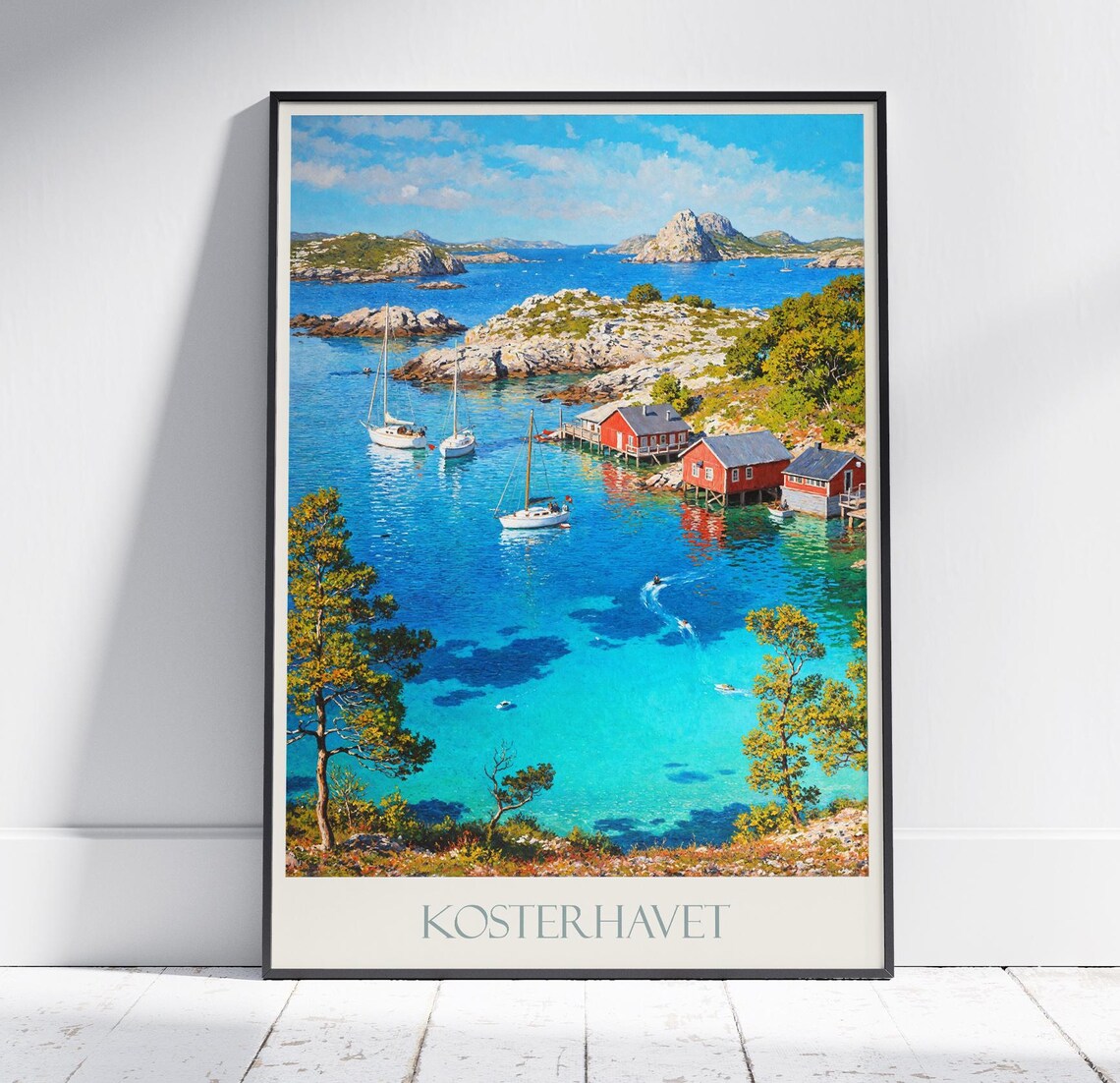 Kosterhavet Sweden Coastal Travel Poster Sailboats Red Cabins Sea