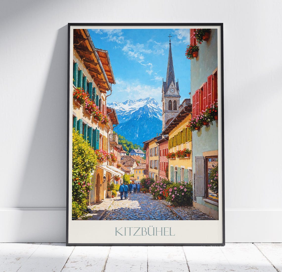 Kitzbühel Austria Painted Alpine Street Snow Mountain Travel Poster