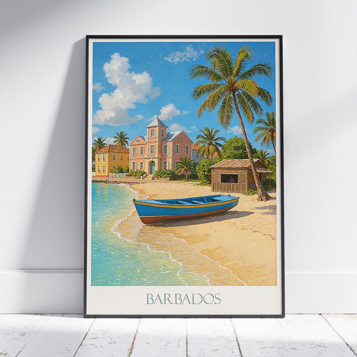 Barbados Beach Fishing Boat Sandy Shoreline Caribbean Travel Poster
