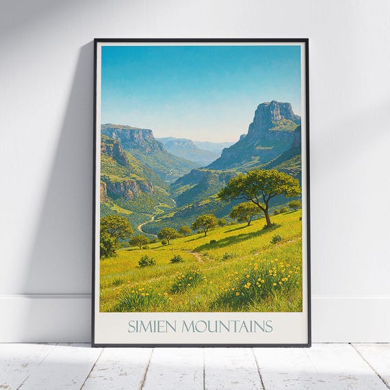 Simien Mountains Travel Poster Ethiopia Painted Art Print African Landscape Decor Nature Wall Gift