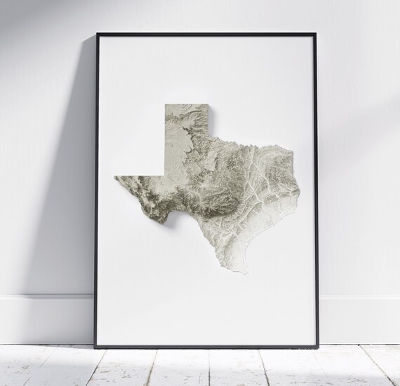 Texas State 3D Topographic Shaded Relief Minimalist Map Art Print