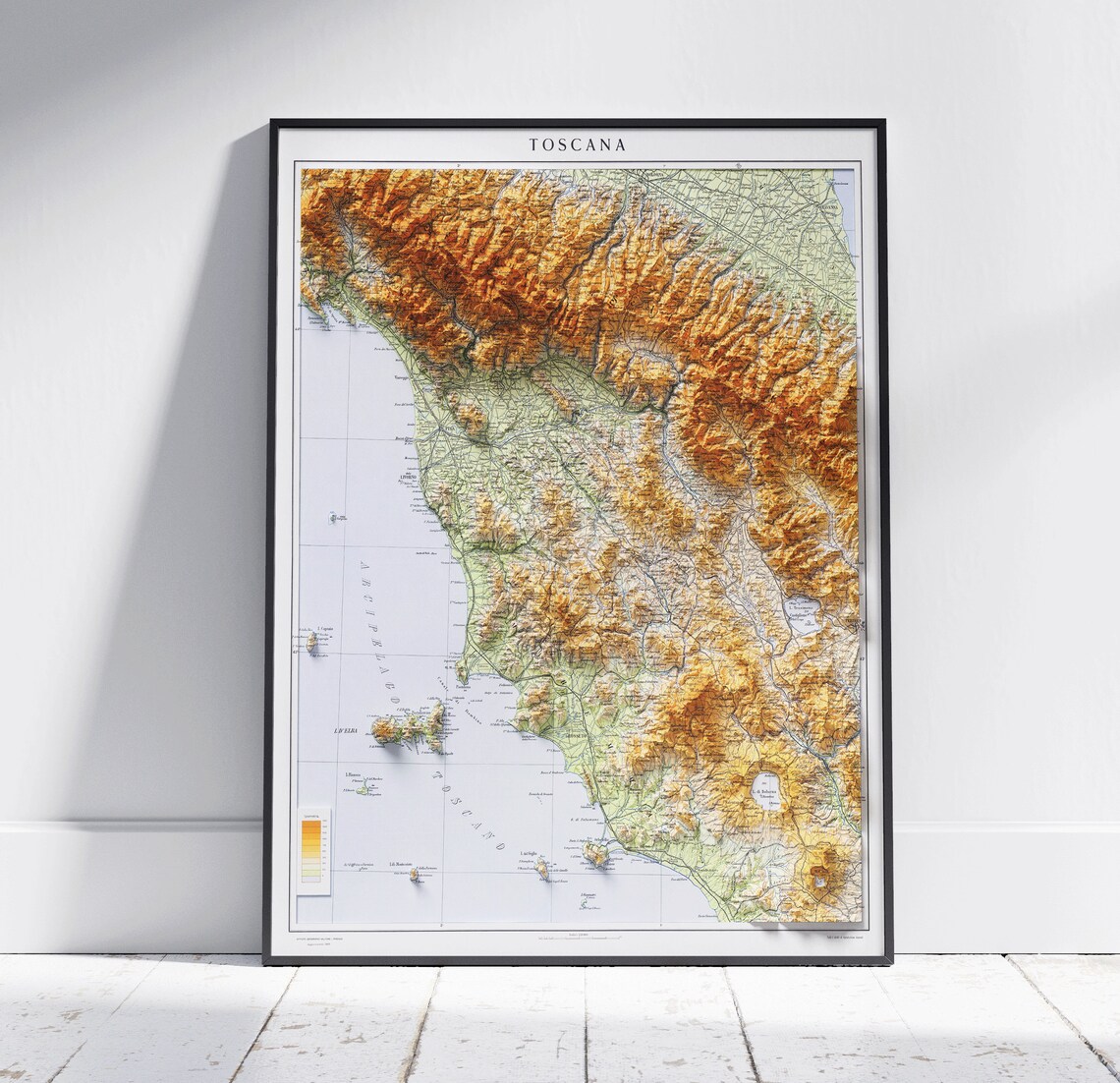 Tuscany Toscana Vintage 3D Shaded Relief Italy Atlas Map Poster