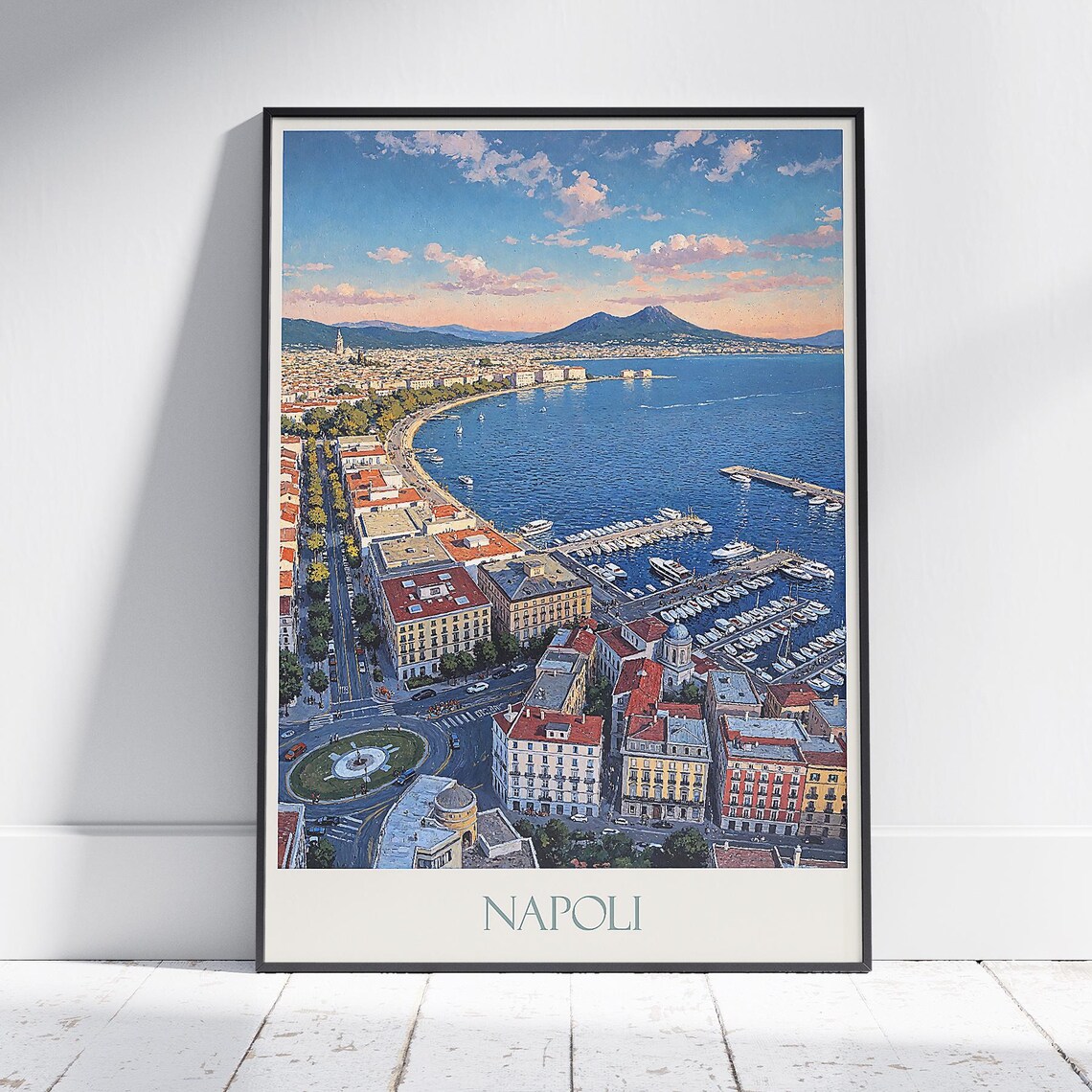 Napoli Italy Painted Bay View with Mount Vesuvius Travel Poster