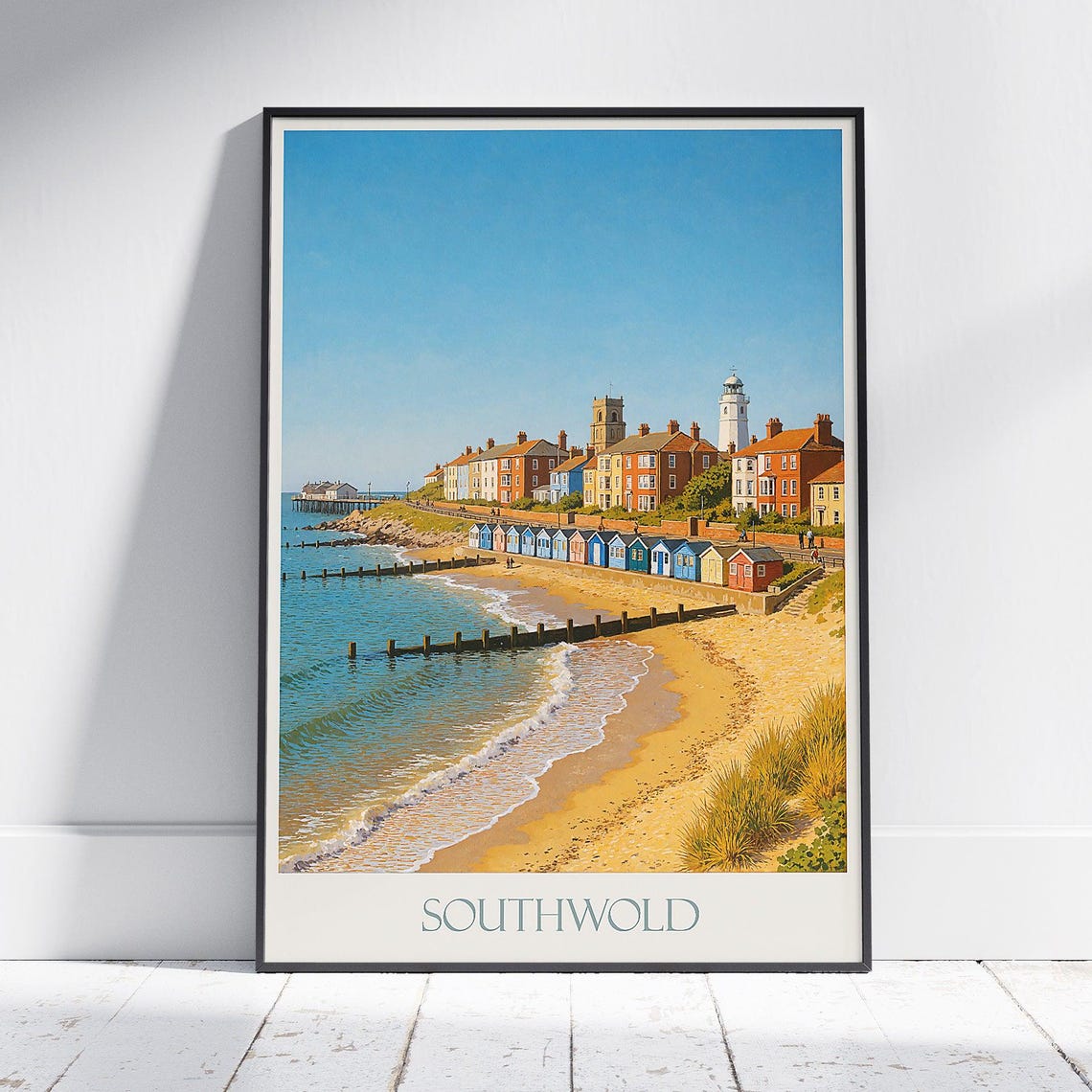 Southwold Beach Huts Lighthouse Vintage Suffolk Seaside Poster