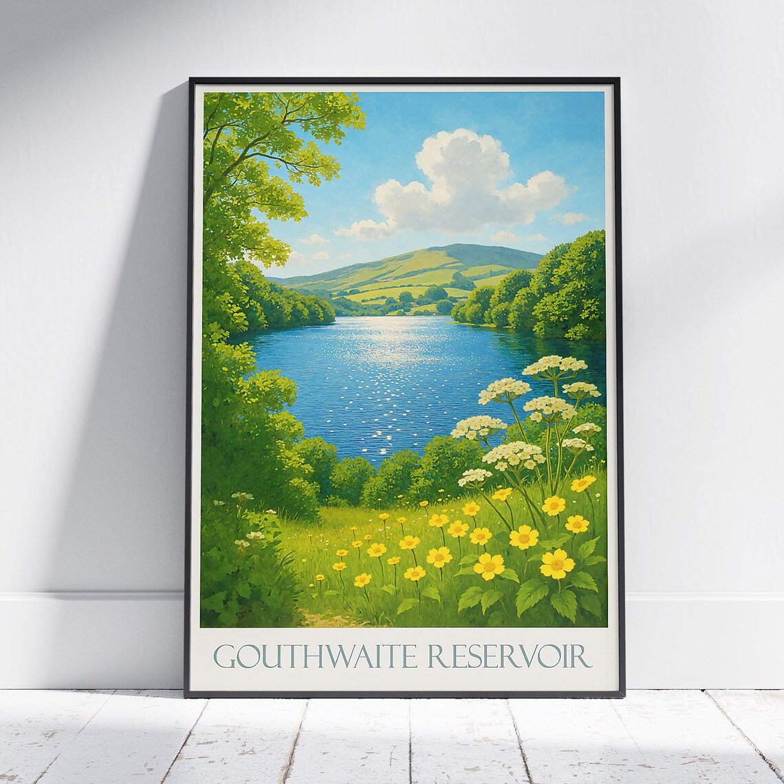 Gouthwaite Reservoir Sparkling Blue Water and Wildflowers Poster