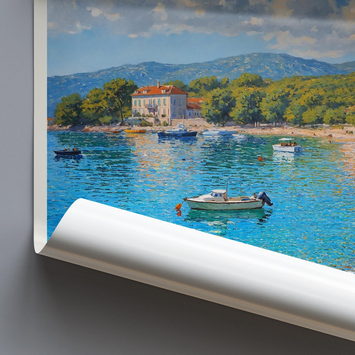 Krk Croatia Painted Pebble Beach Turquoise Bay And Boats Poster - Image 4