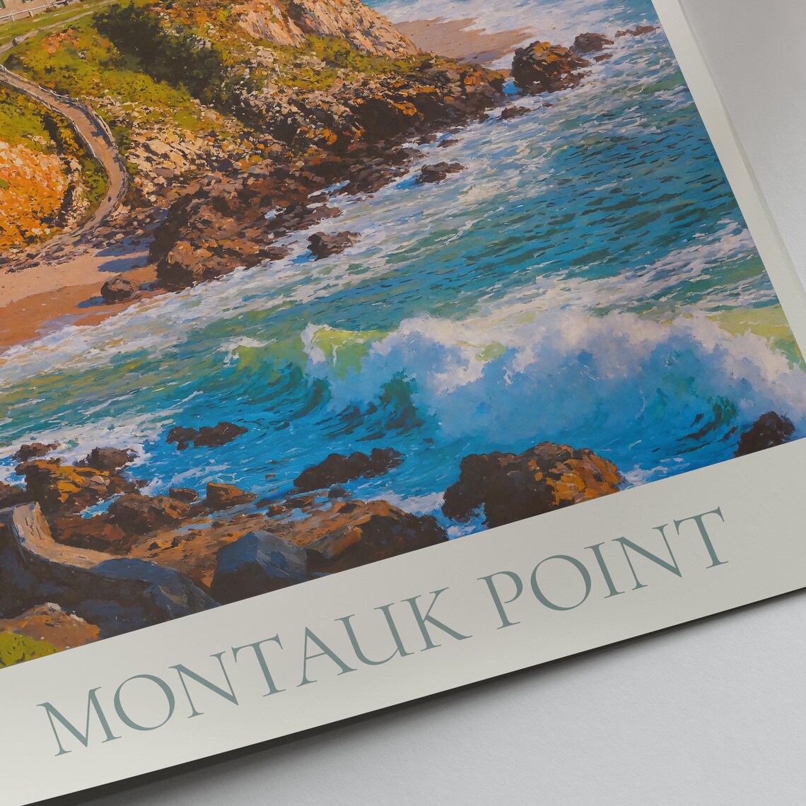 Montauk Point New York Lighthouse Ocean Waves Painted Art Poster - Image 3