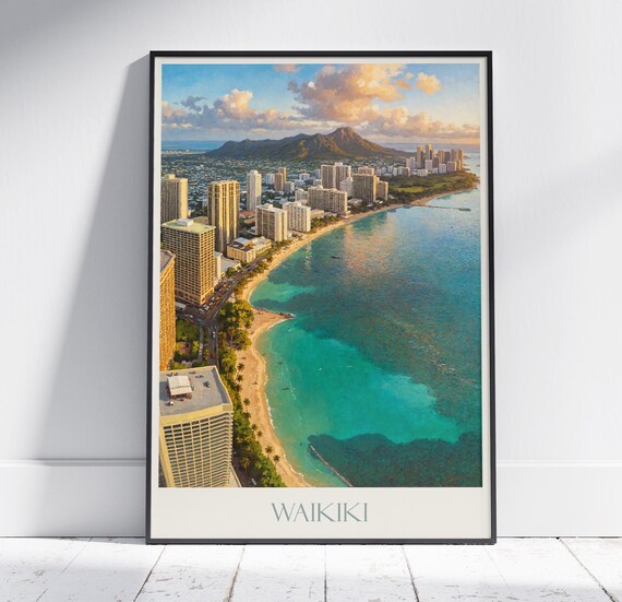 Waikiki Hawaii Aerial Beach Diamond Head Painted Travel Poster