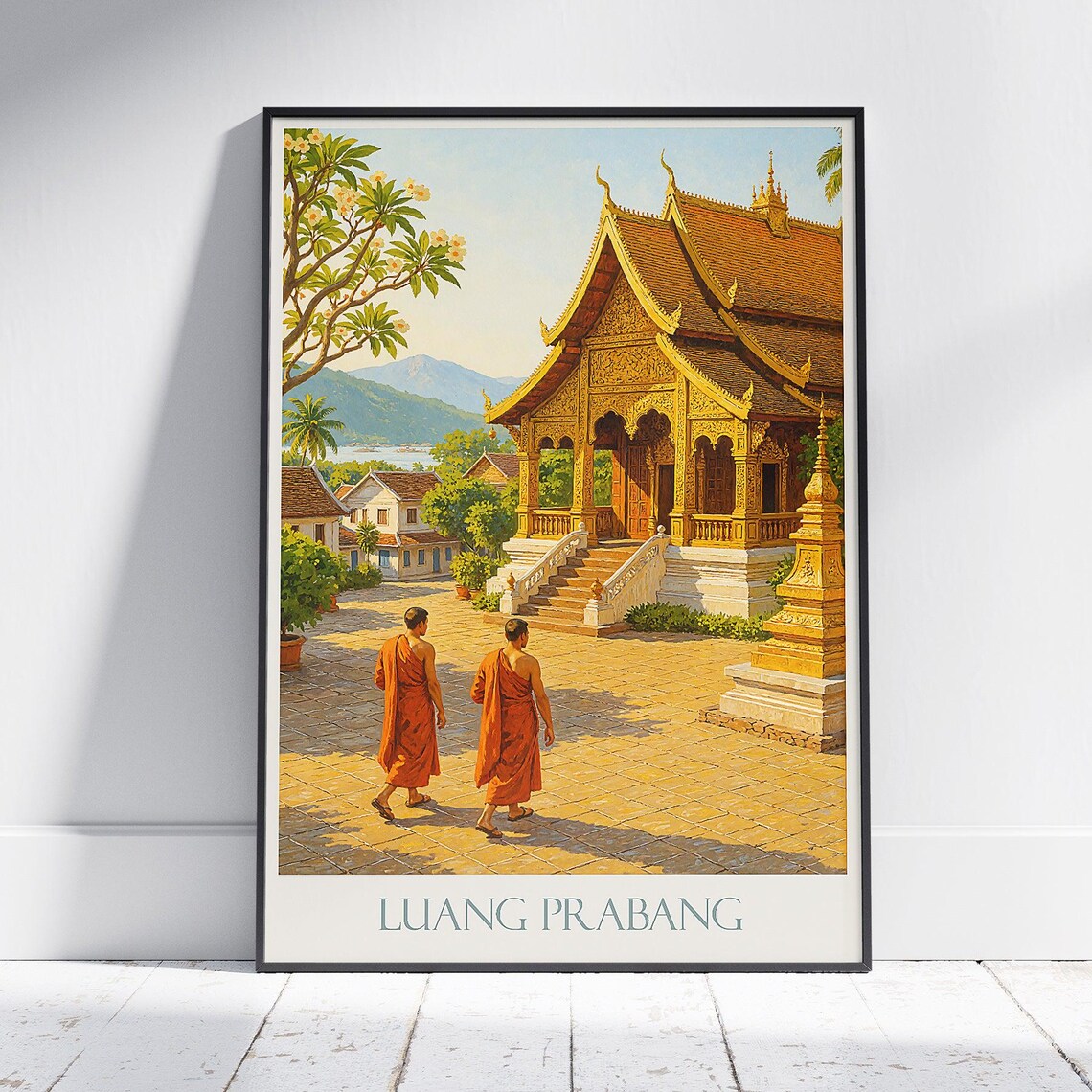 Luang Prabang Laos Golden Temple Poster Vintage Asia Travel with Monks