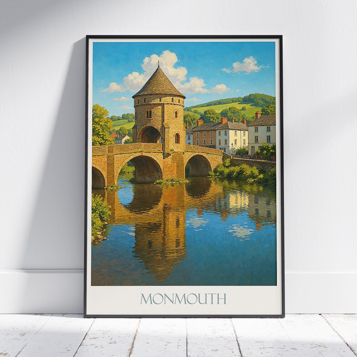 Monmouth Wales Historic Monnow Bridge Gate Tower Vintage Travel Poster