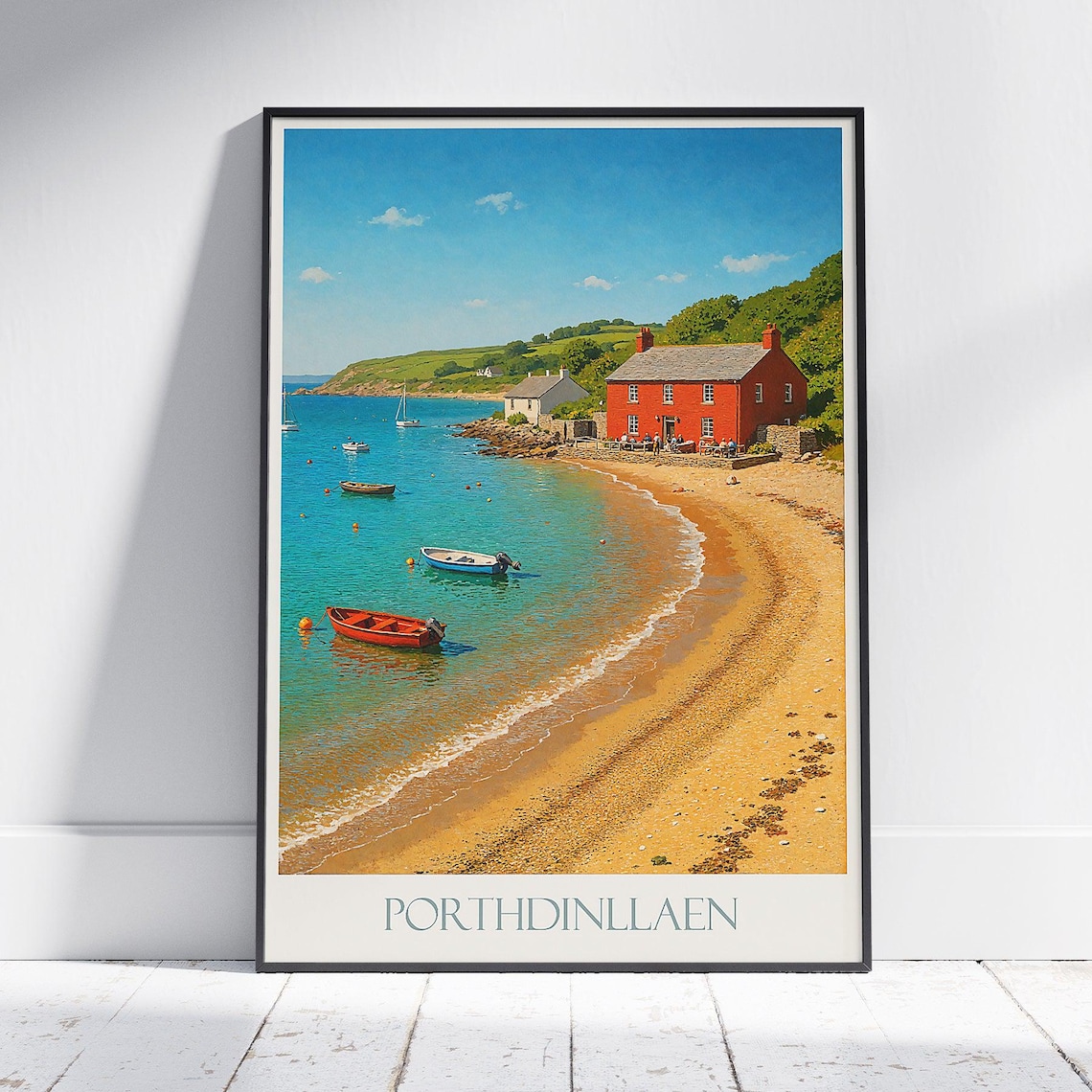 Porthdinllaen Beach with Red Inn and Boats Wales Coastal Travel Poster