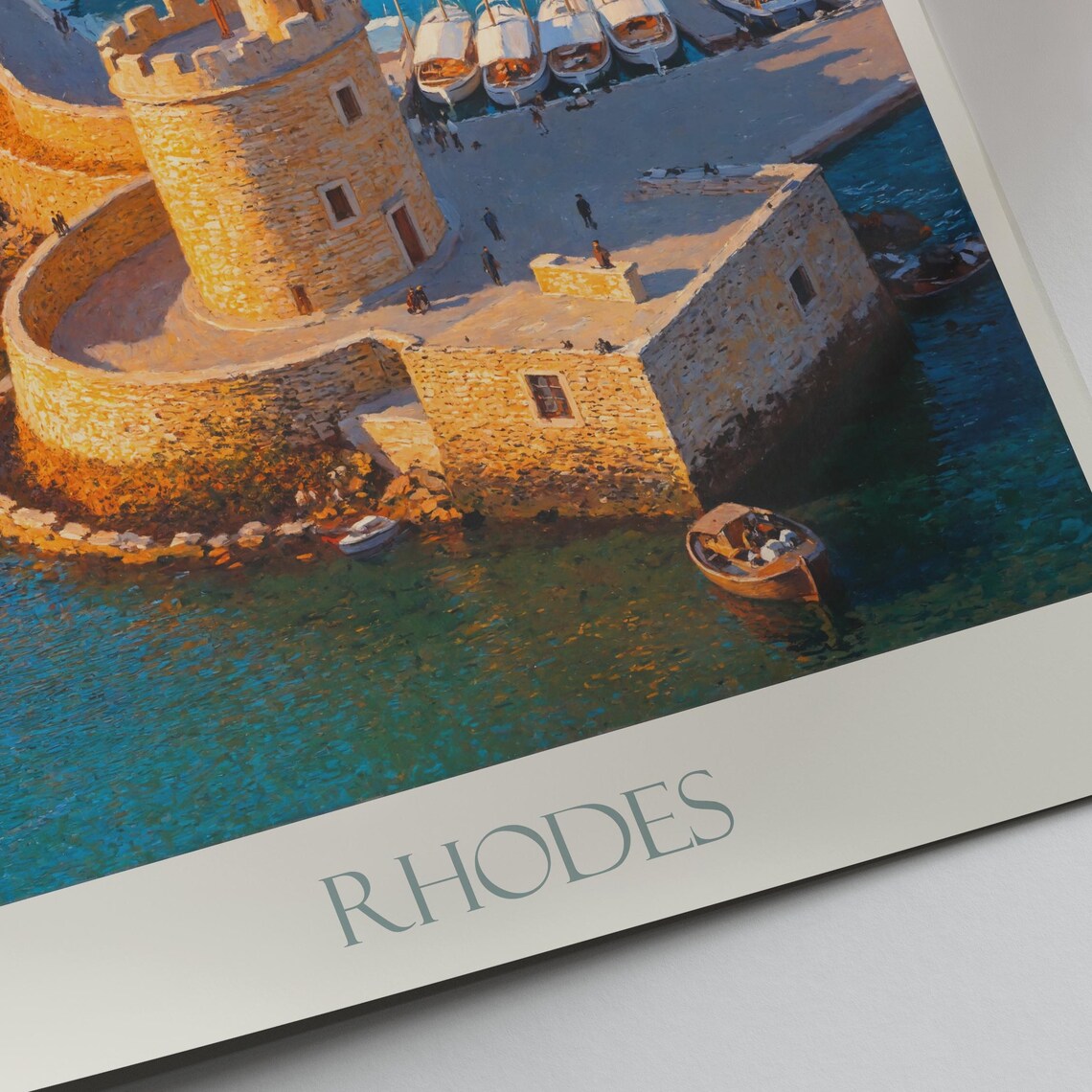 Rhodes Harbor Fortress Lighthouse Sunset Painted Greece Travel Poster - Image 2