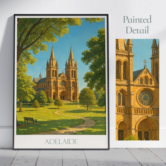 Adelaide Travel Poster St Peters Cathedral Australia Print Painted Wall Art Home Decor Framed Personalized Vacation Gift