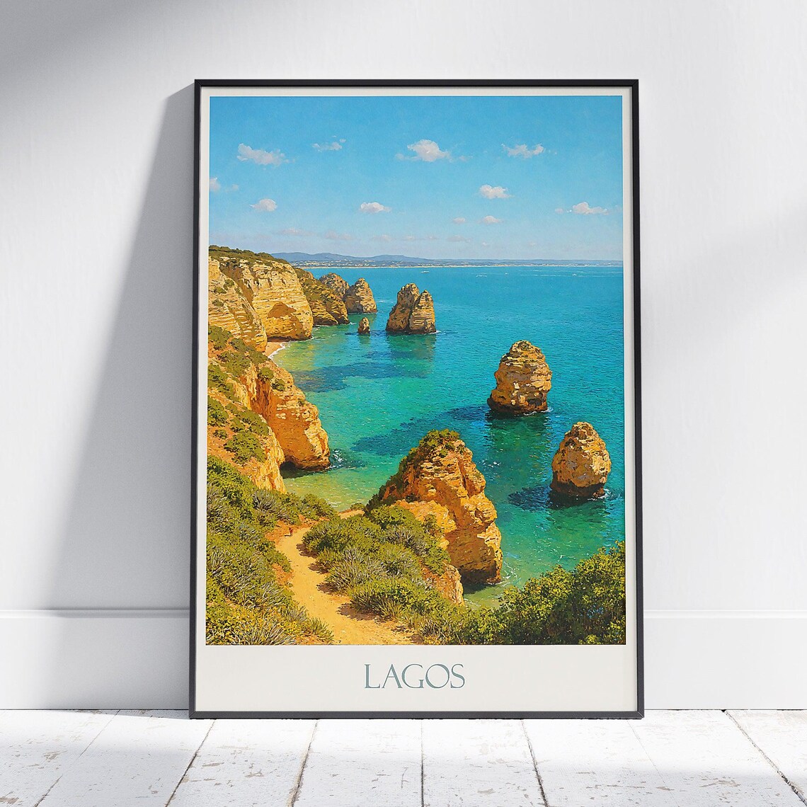 Lagos Portugal Golden Sea Cliffs Algarve Coastal Vintage Travel Poster