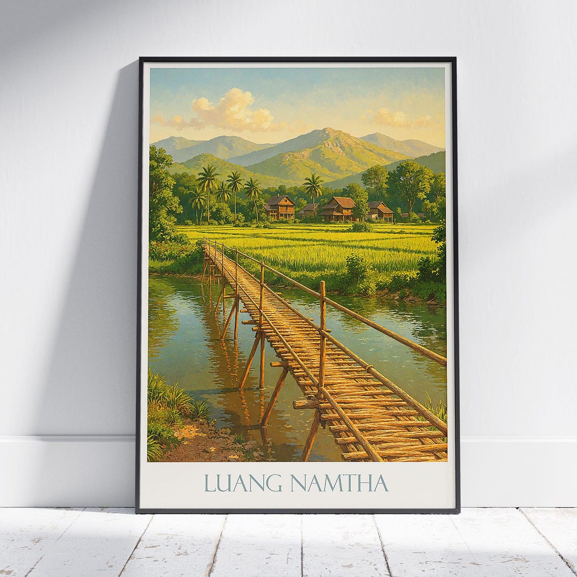Luang Namtha Laos Bamboo Footbridge Rice Fields Travel Poster