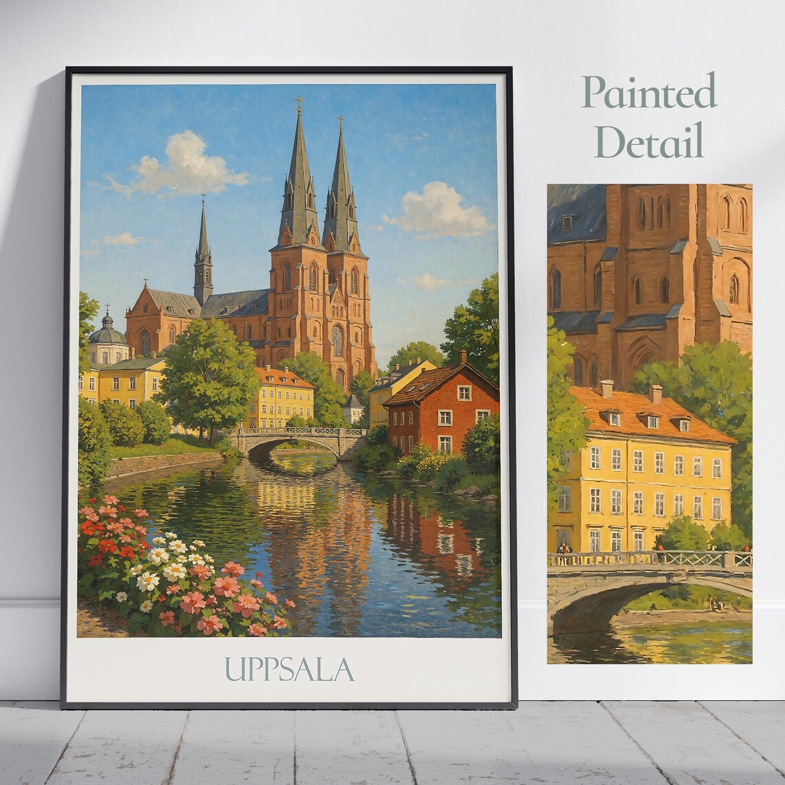 Uppsala Sweden Cathedral Bridge Flowers Riverside Painted Art Poster