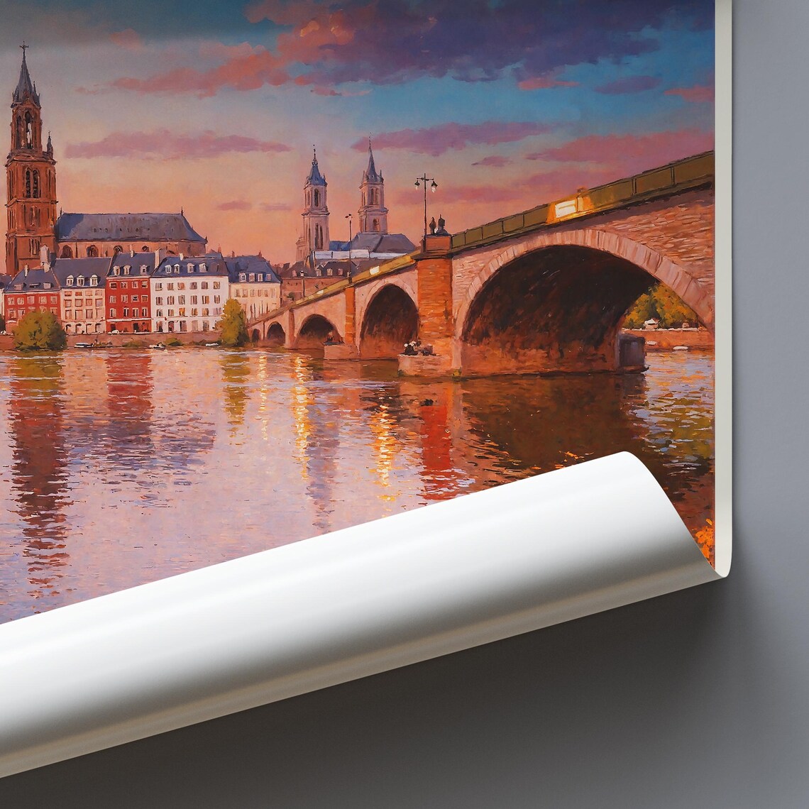 Maastricht Netherlands Old Bridge Sunset Painted Travel Poster - Image 3