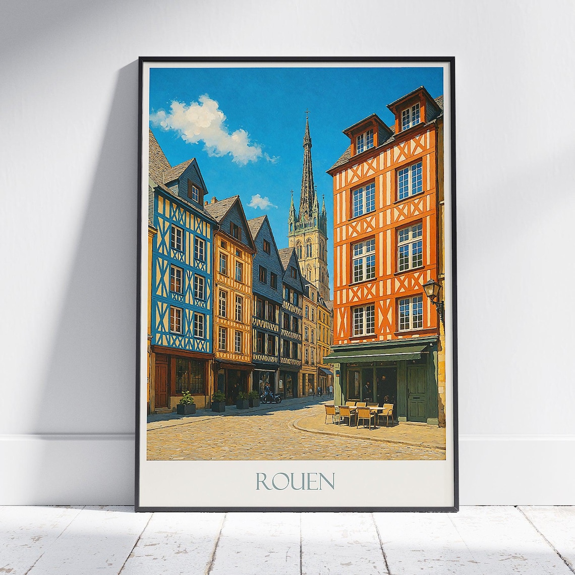 Rouen France Half-Timbered Houses Travel Poster With Gothic Cathedral Spire