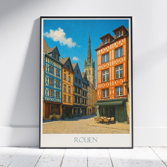 Rouen France Half-Timbered Houses Travel Poster With Gothic Cathedral Spire