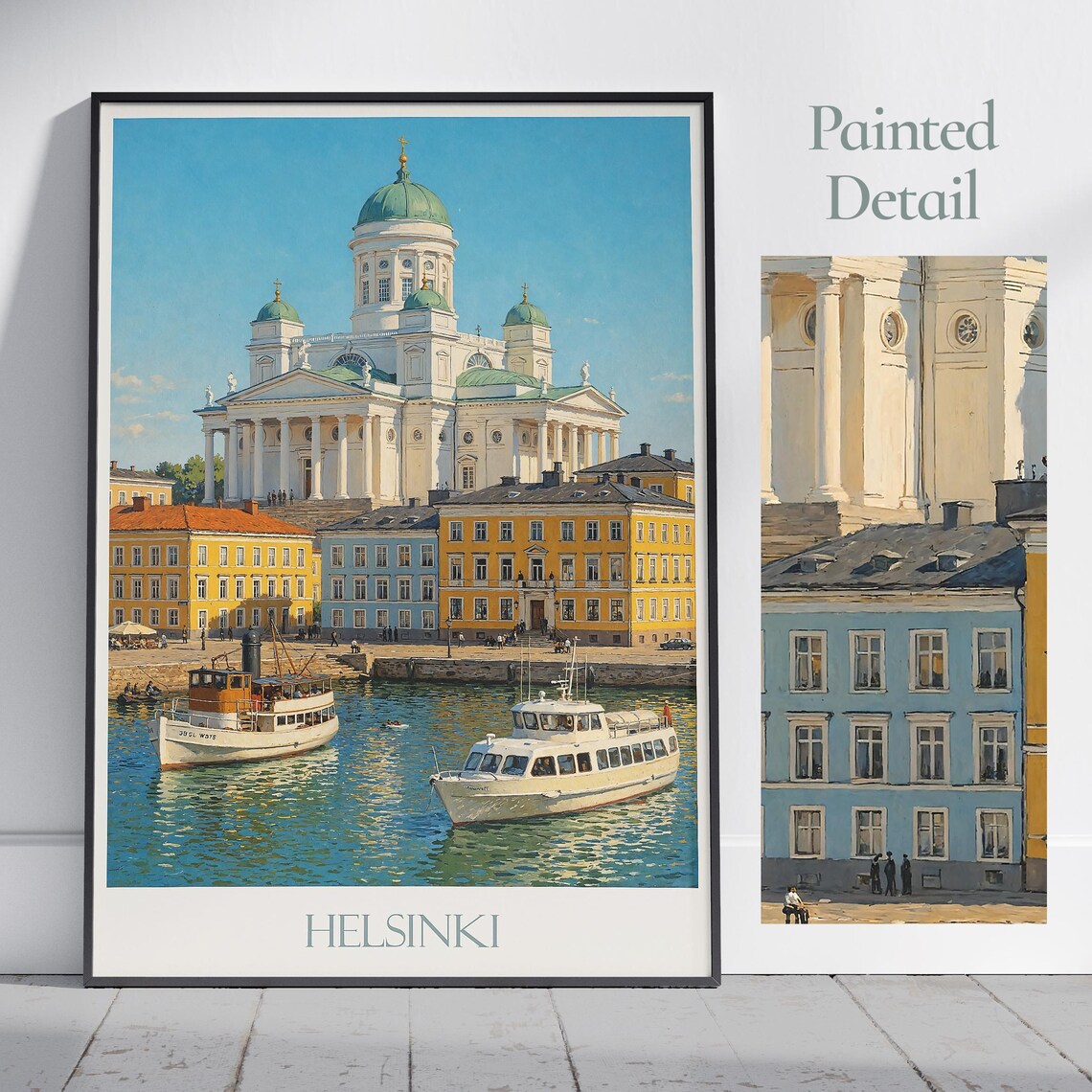 Helsinki Finland Painted Poster Cathedral Harbor Boats Cityscape