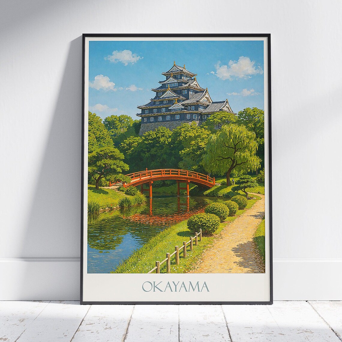Okayama Castle Black Crow Castle Red Bridge Japan Travel Poster