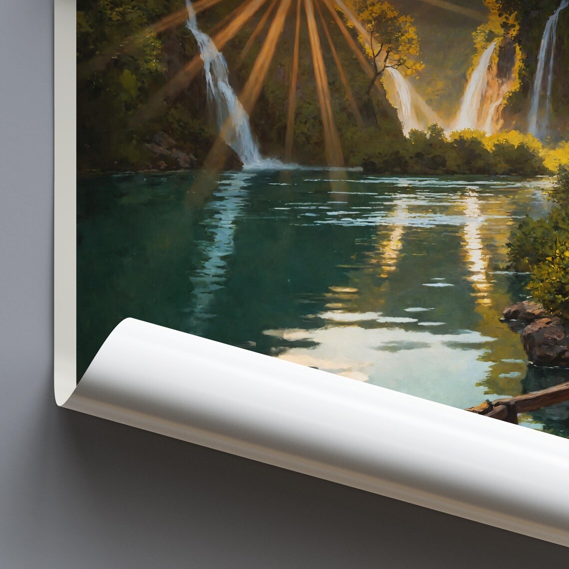 Plitvice Lakes Waterfalls Boardwalk Sunset Painted Croatia Poster - Image 3