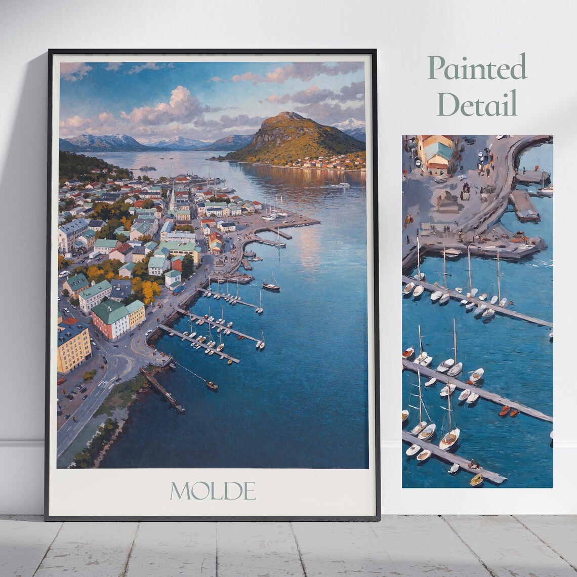 Molde Norway Harbor Painted Travel Poster Boats Fjord Mountain View
