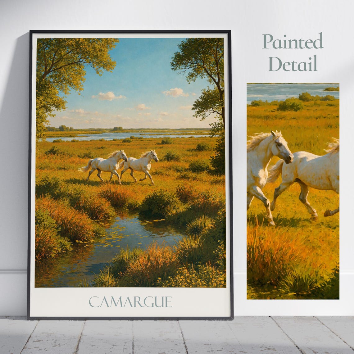 Camargue Wild White Horses Running Through Marshes France Poster